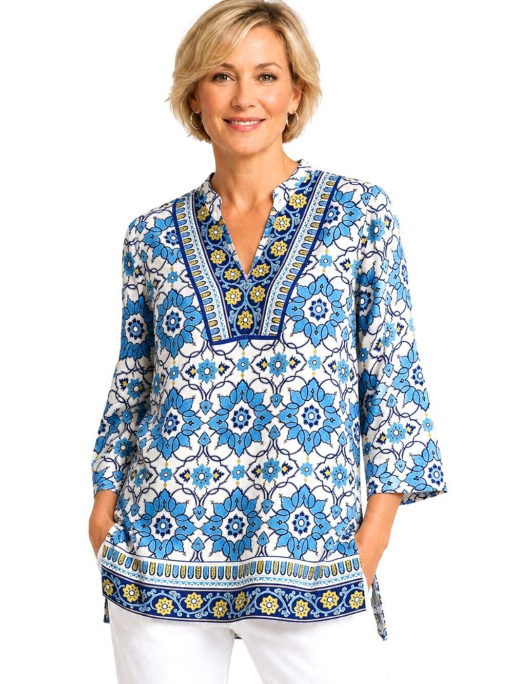 Charter Club Blue Lime Green Linen Tunic Top